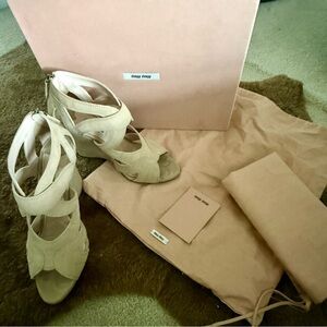 Miu Miu Tan Suede Wedge Sandals with cutout Design